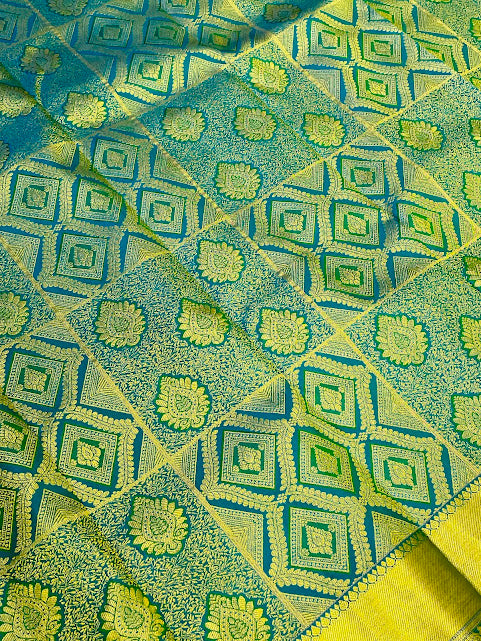 Charming Peacock Green Color peacock Design Art Silk Saree With Blue Blouse For Women - SILKMARK CERTIFIED