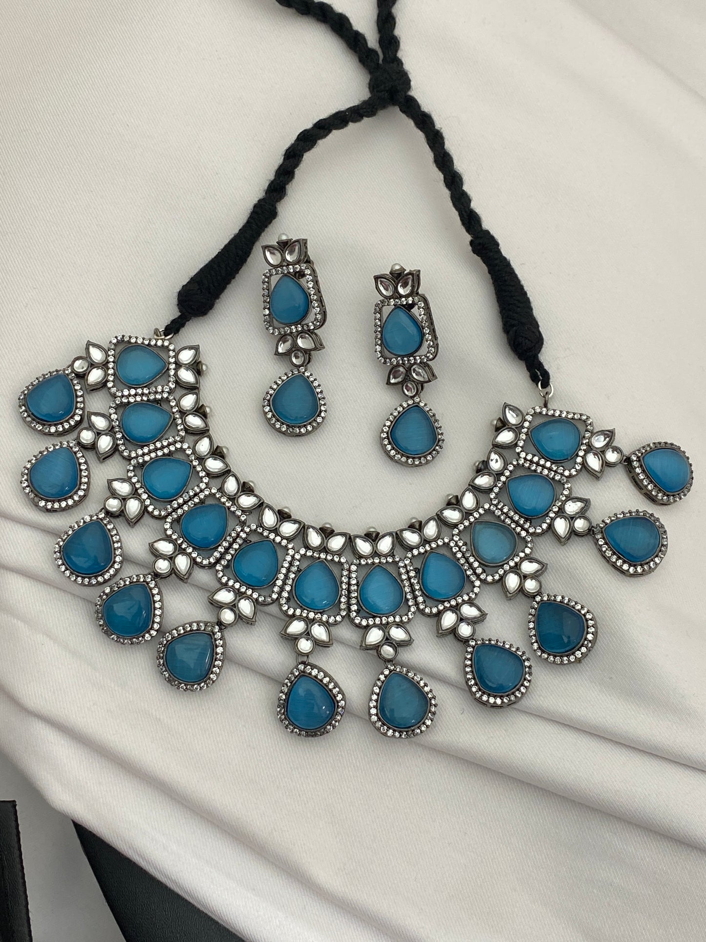 Beautiful Oxidized Sky Blue Color Necklace Set Near Me