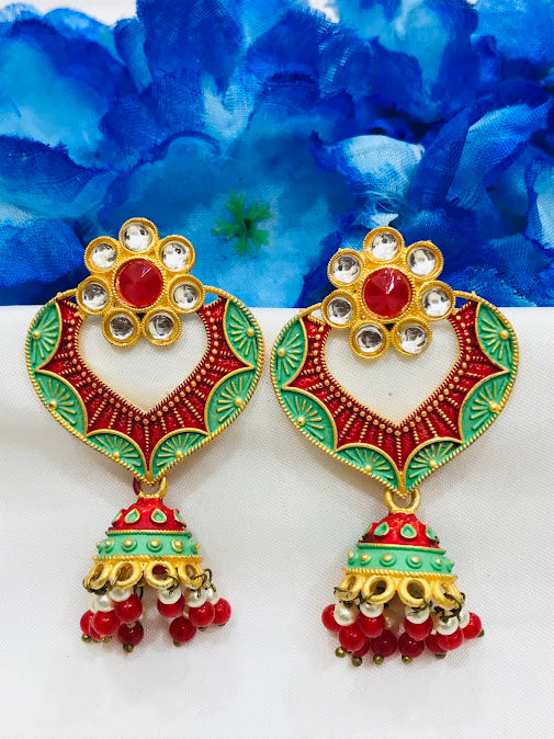 Stunning Antique Gold Multicolor Enameled Earrings With Beads