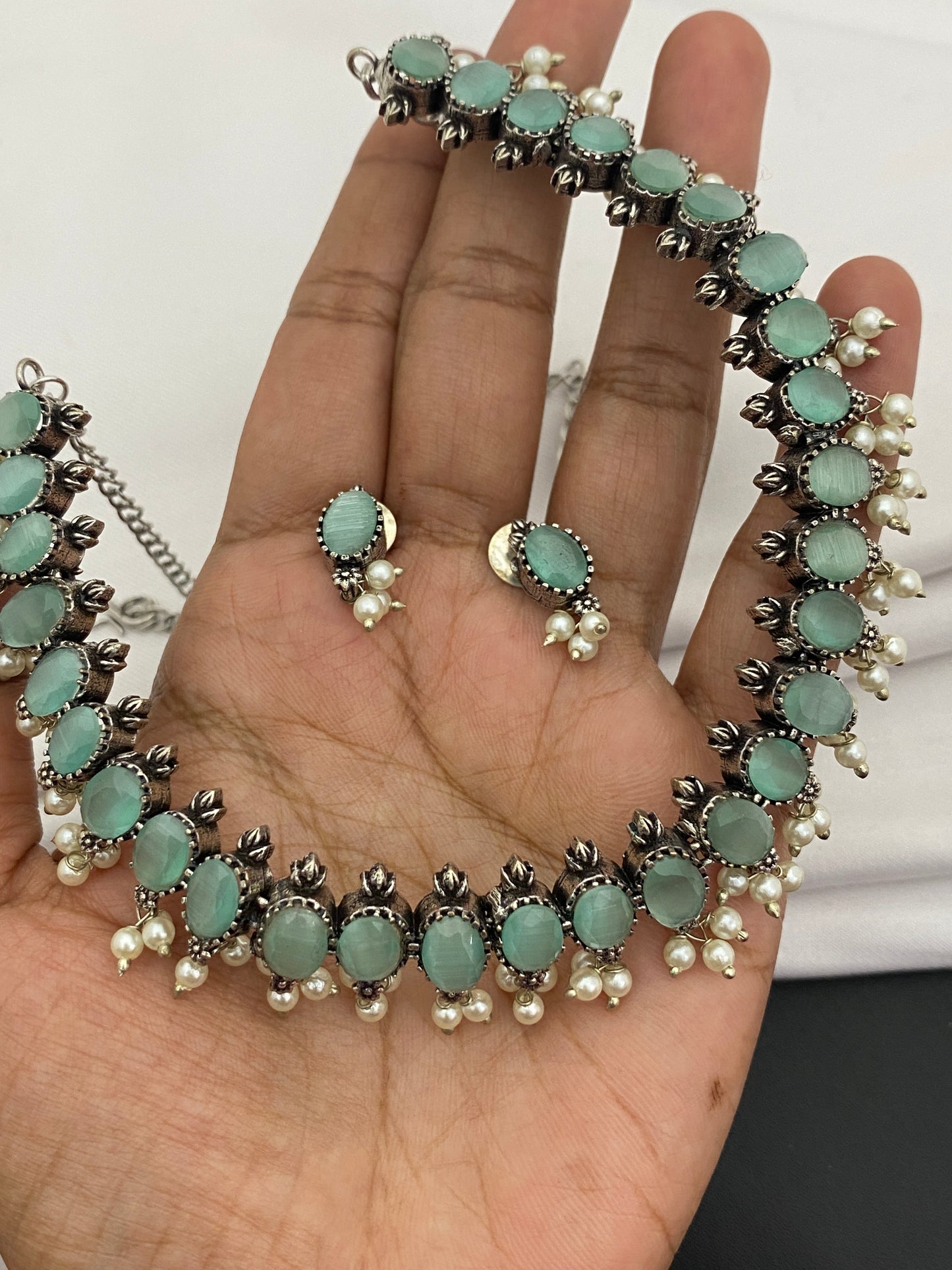 Green Stone Studded Oxidized Necklace Set Near Me