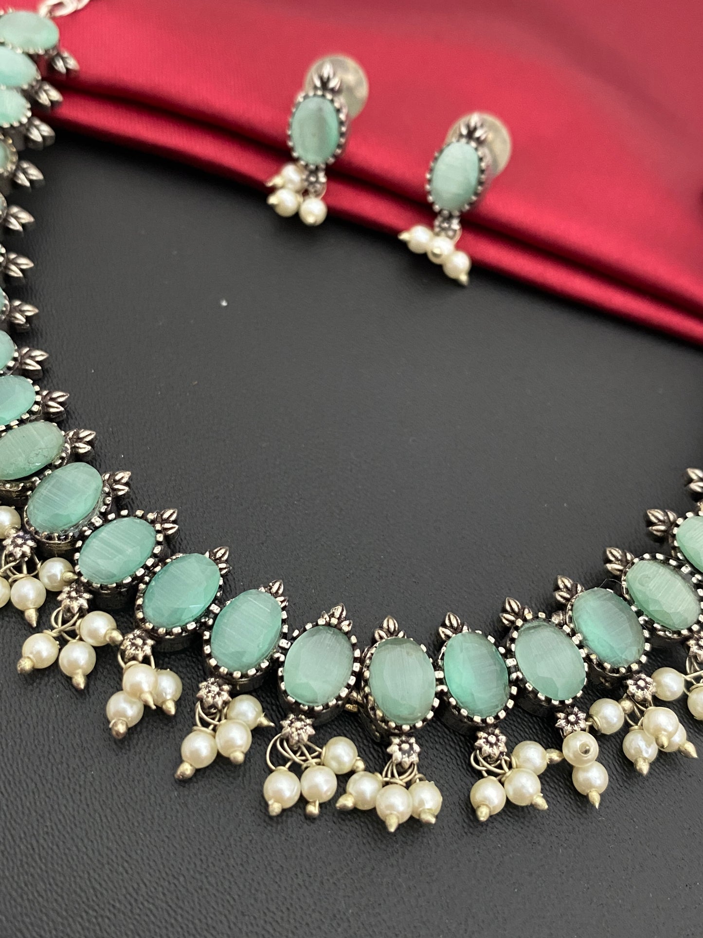 Appealing Pastel Green Stone Studded Oxidized Necklace Set in USA