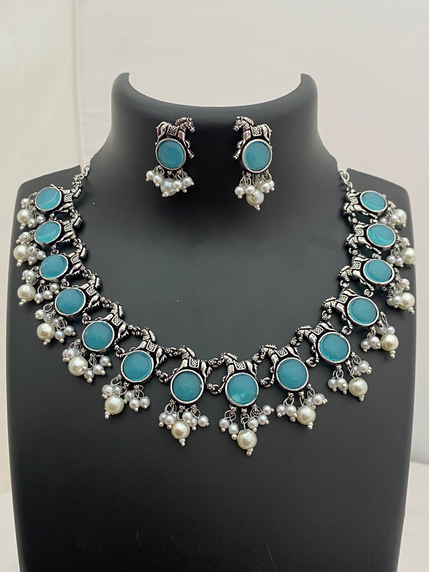 German Silver Unicorn Sky Blue Stone Beaded Oxidized Necklace Near Me