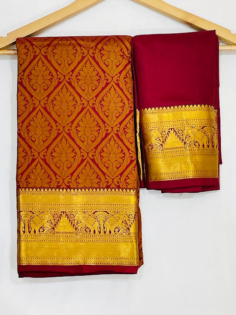 Maroon Color Floral Motifs Art Silk Saree With Gold Zari Work In USA