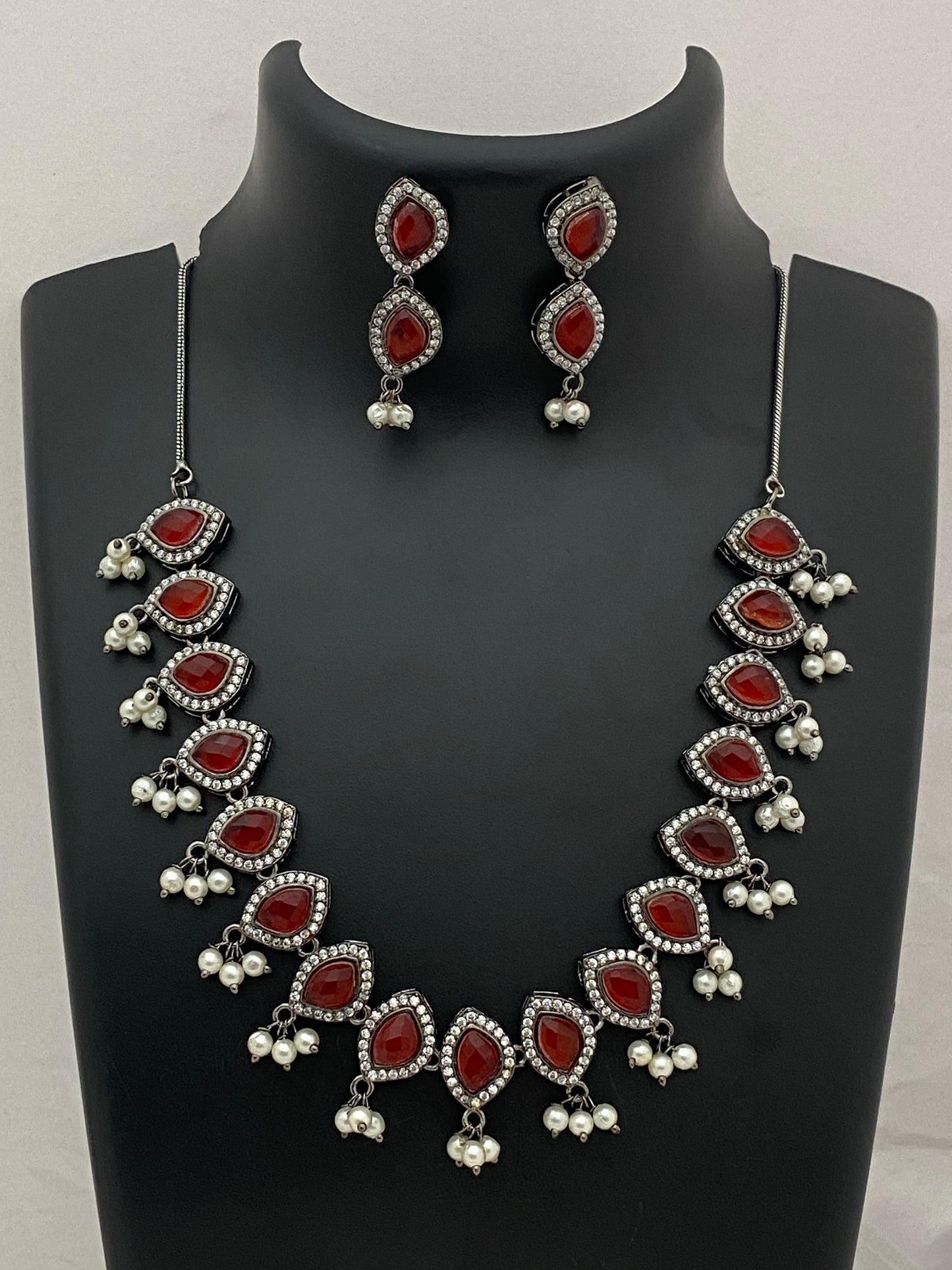 Maroon Color Oxidized Necklace Set With Pearl Beads Near Me