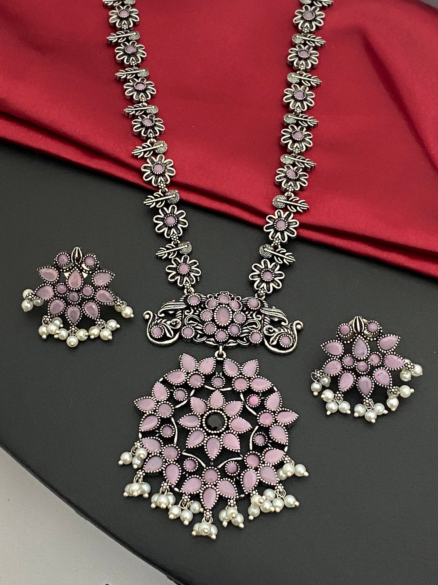 Stunning Pink Color Floral Design And Pearl Beaded German Silver Oxidized Necklace Set With Earrings