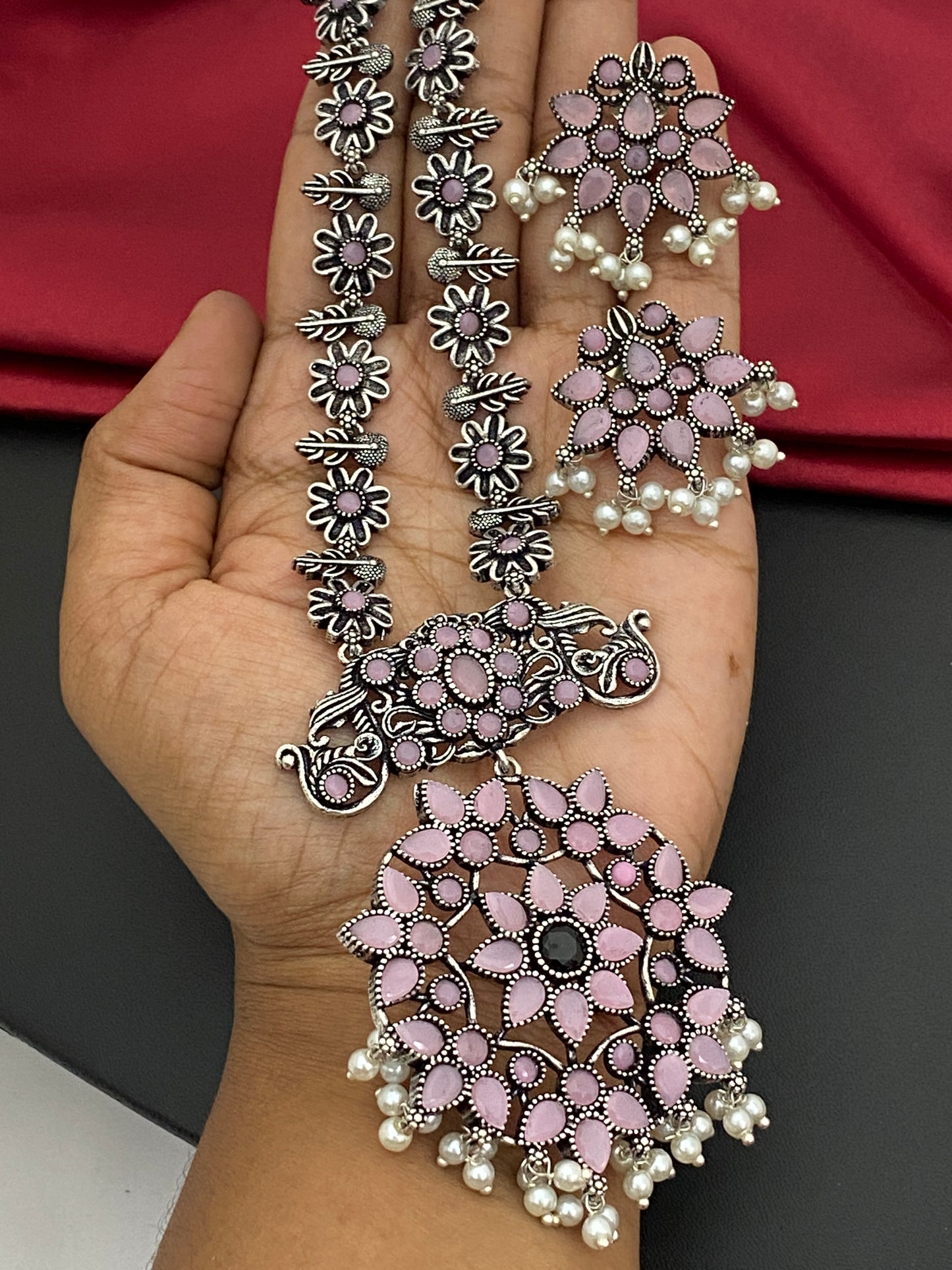 Pink Color Floral Design And Pearl Beaded German Silver Oxidized Necklace Set Near Me