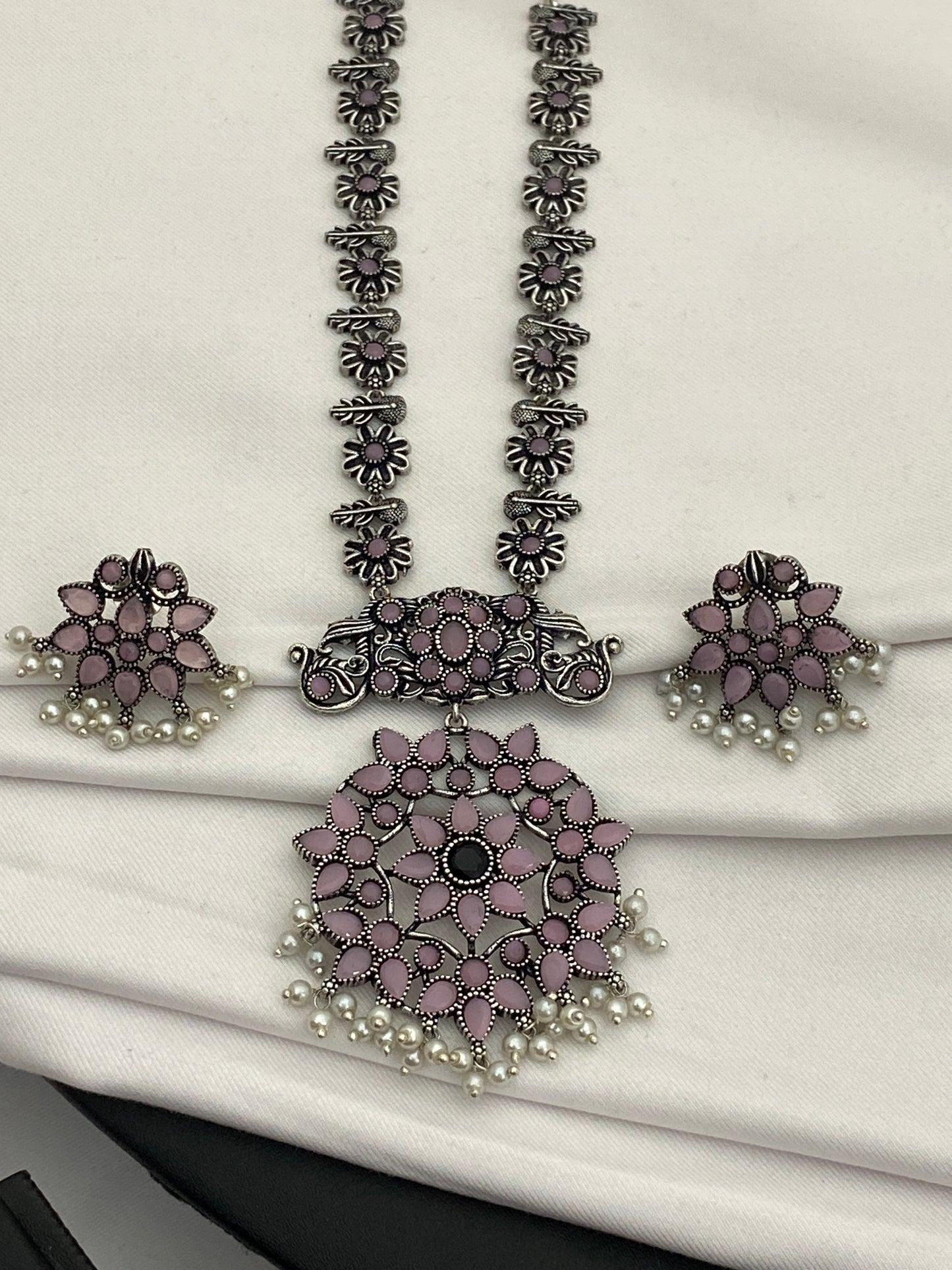 Pearl Beaded German Silver Oxidized Necklace Set With Earrings in Phoenix