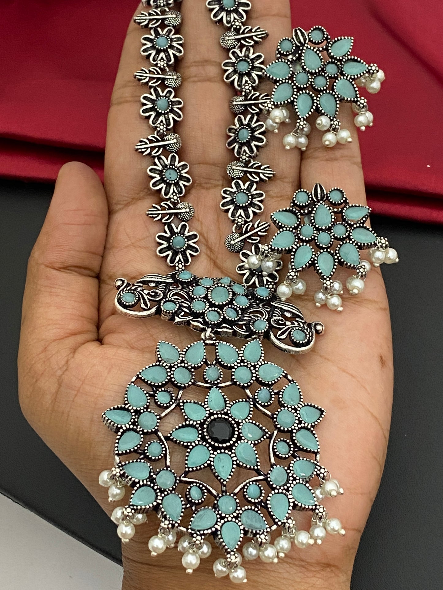 Sky Blue Color Floweret Style And Pearl German Silver Oxidized Necklace Near Me