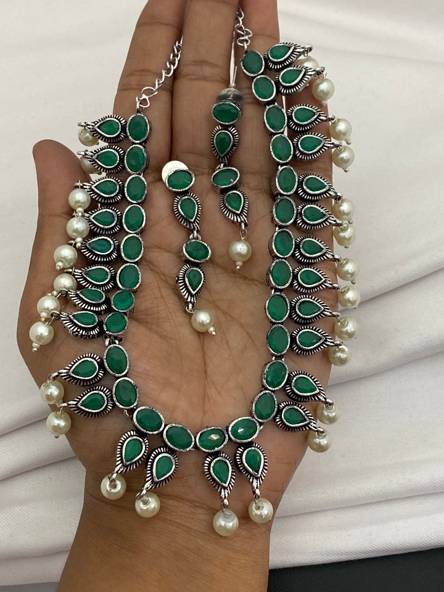 Oxidized German Silver Necklace With Emerald Stone And Pearl Hangings Near Me