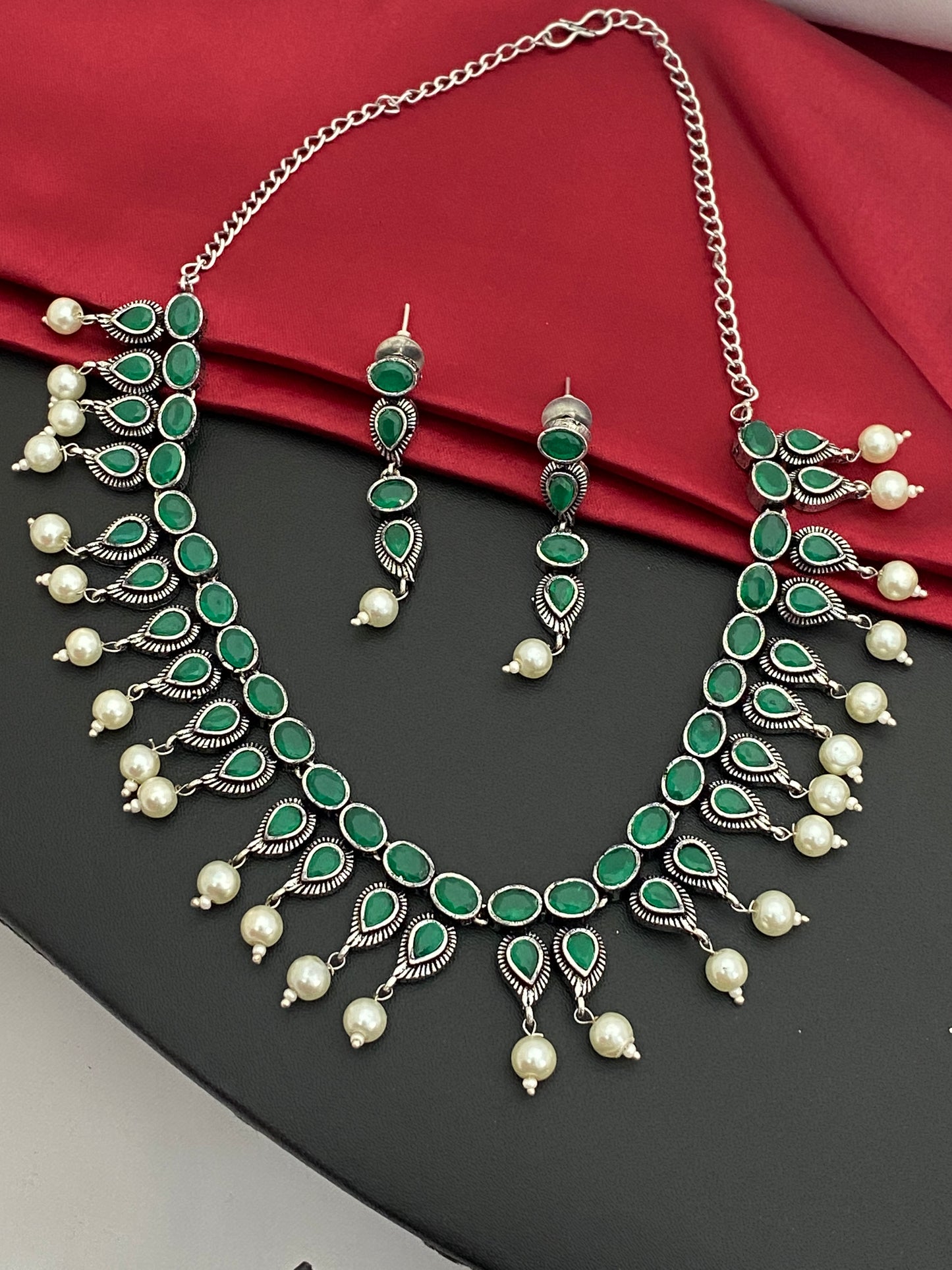 Stunning Oxidized German Silver Necklace With Emerald Stone And Pearl Hangings