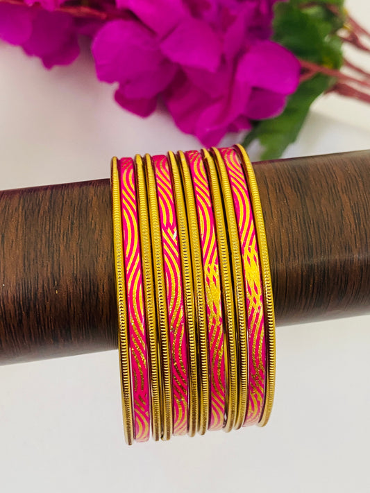 Beautiful Glossy And Shinning Pink Color Gold Plated Bangles Set For Women