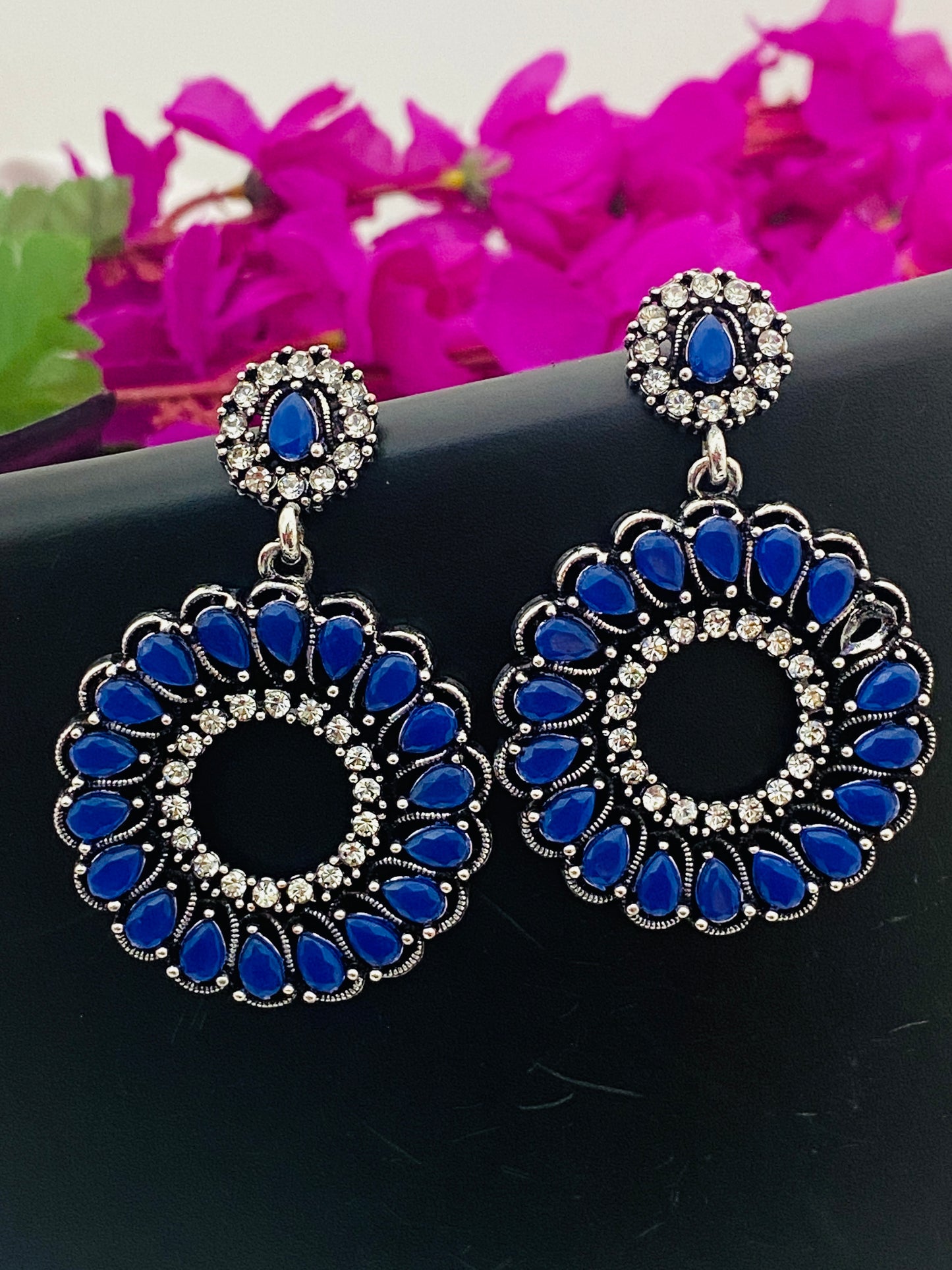 Blue and White Circle Earrings