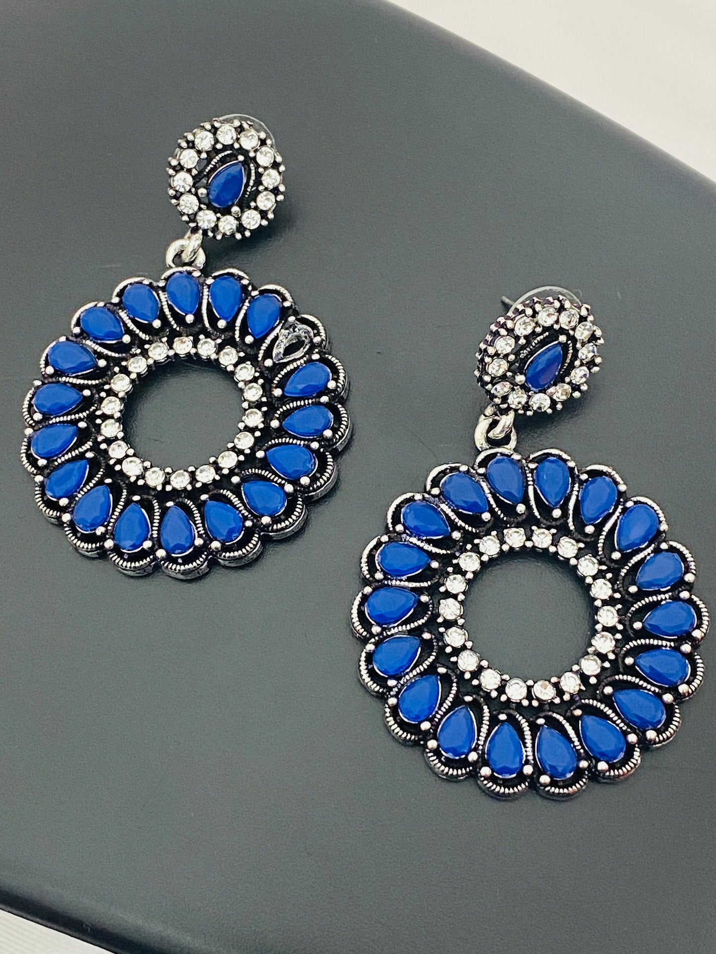 Blue and White Circle Earrings