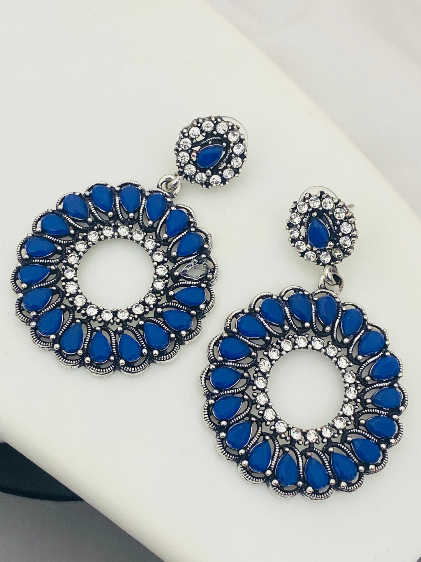 Blue and White Circle Earrings