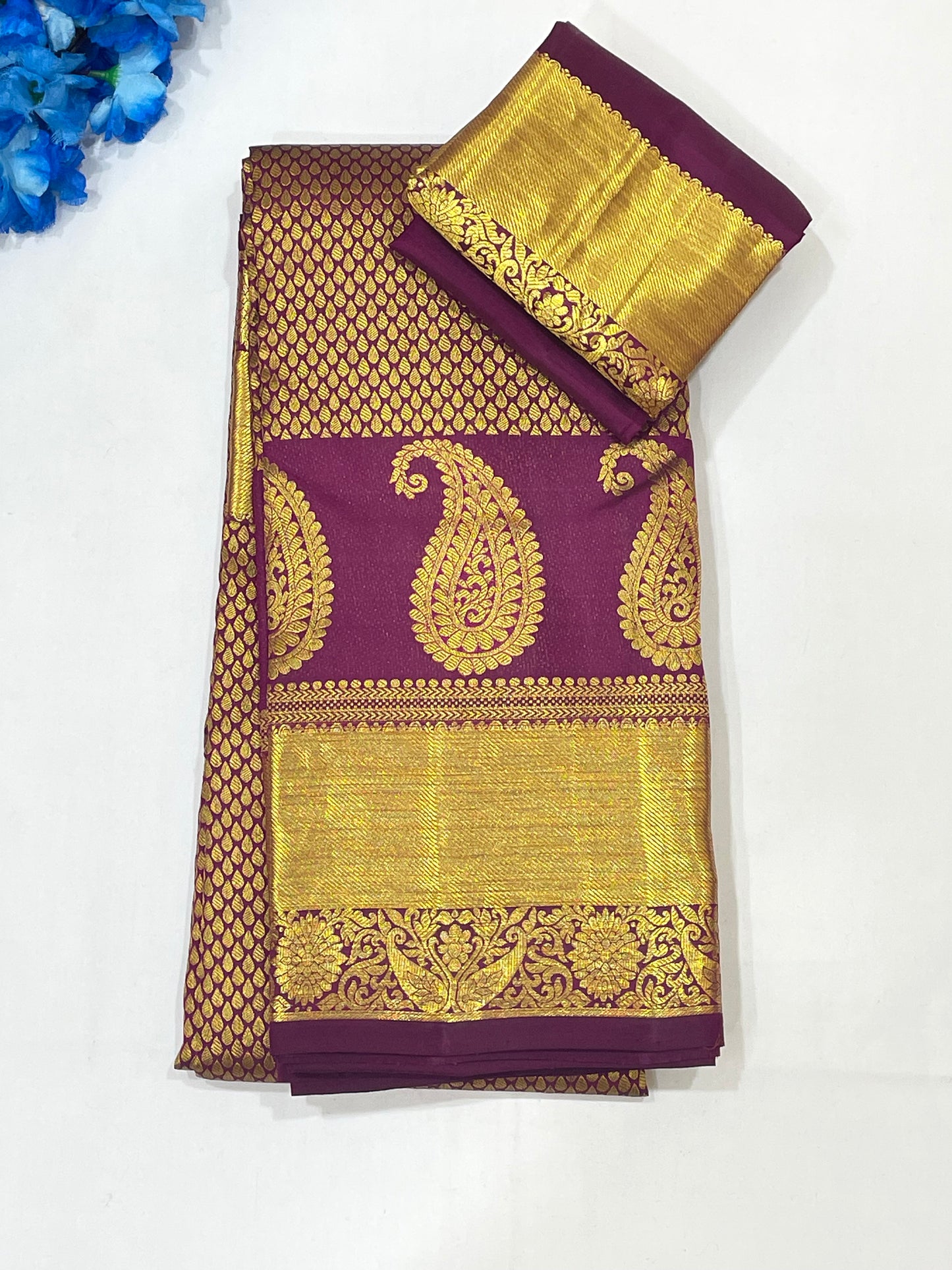 Fascinating Dark Purple Color Pure Kanchi Silk Gold Zari Work With Tassels Saree For Women