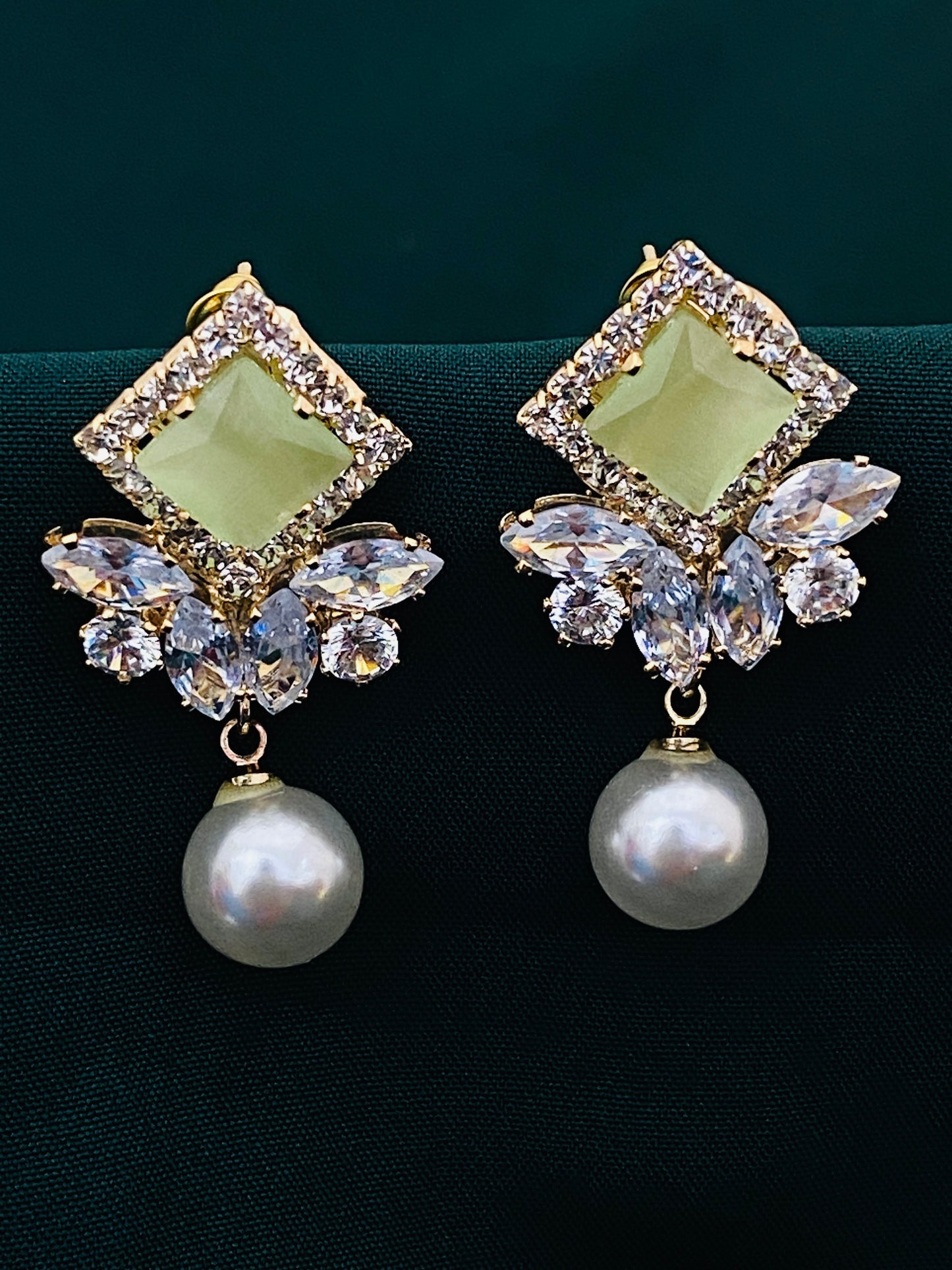 Glimmering Green and White Stone Earrings