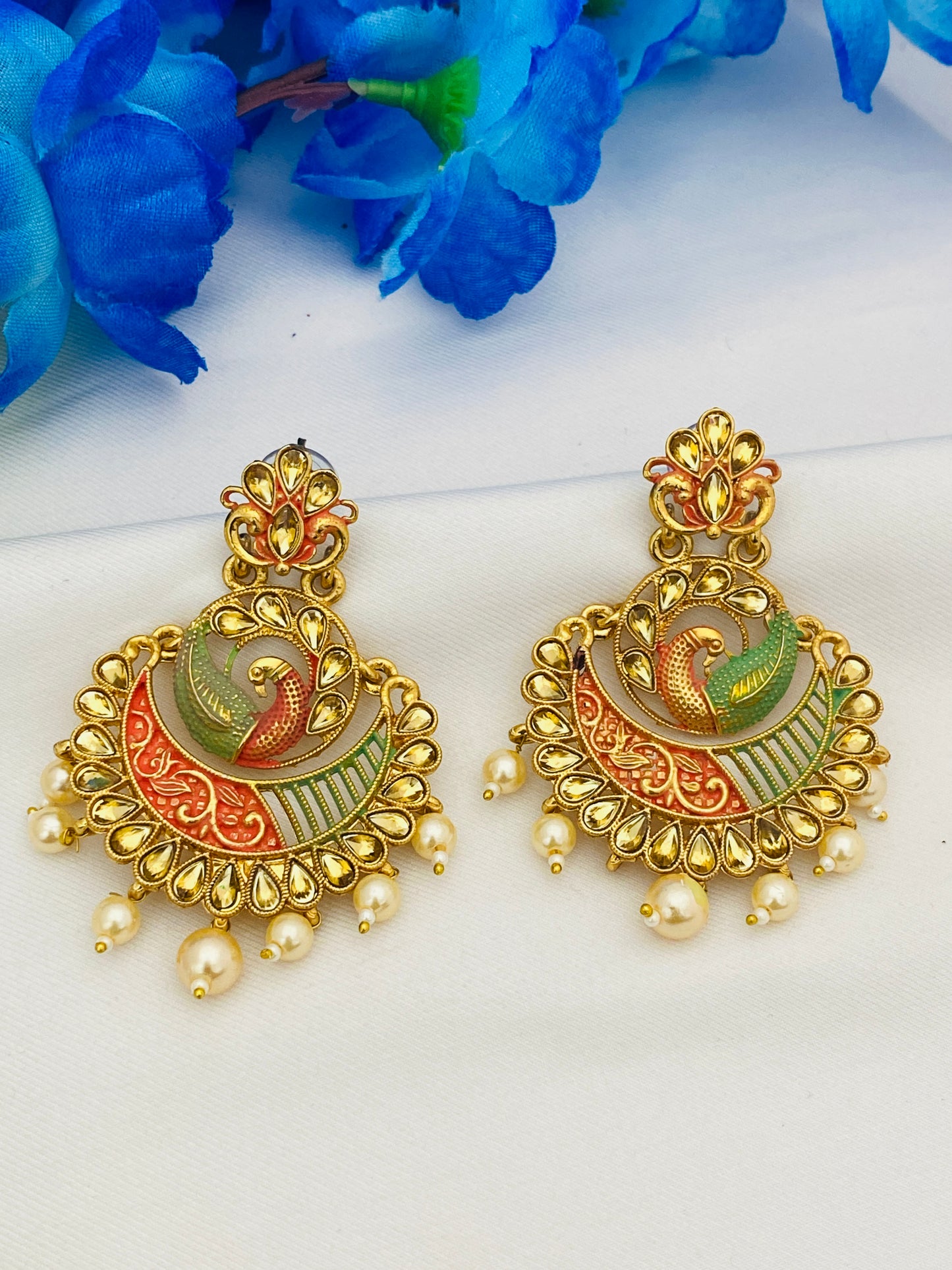 Lovely Pink and Green Color Peacock Design Earrings