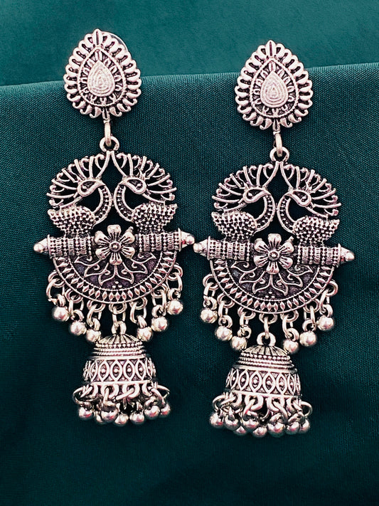 Gorgeous Silver Oxidized Designer Peacock Earrings For Women