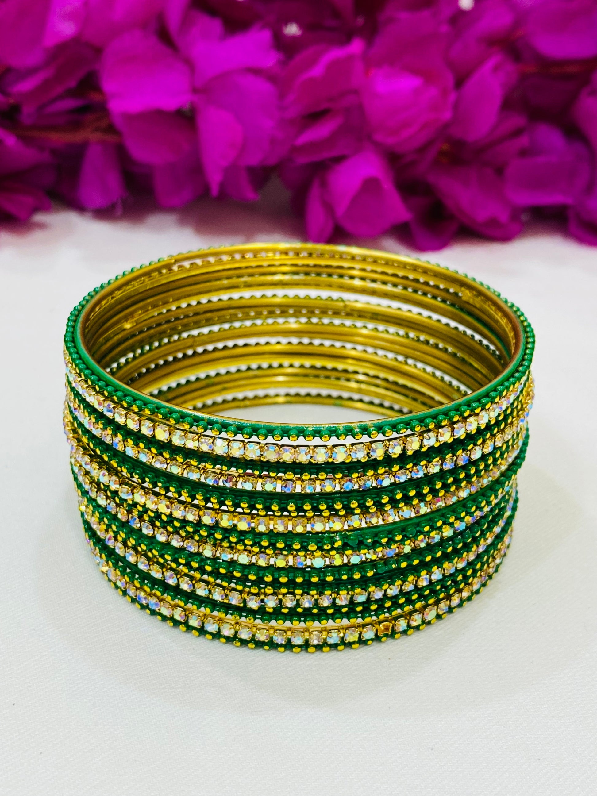 Attractive Green Color Metal Bangles With Glittering Stone For Women