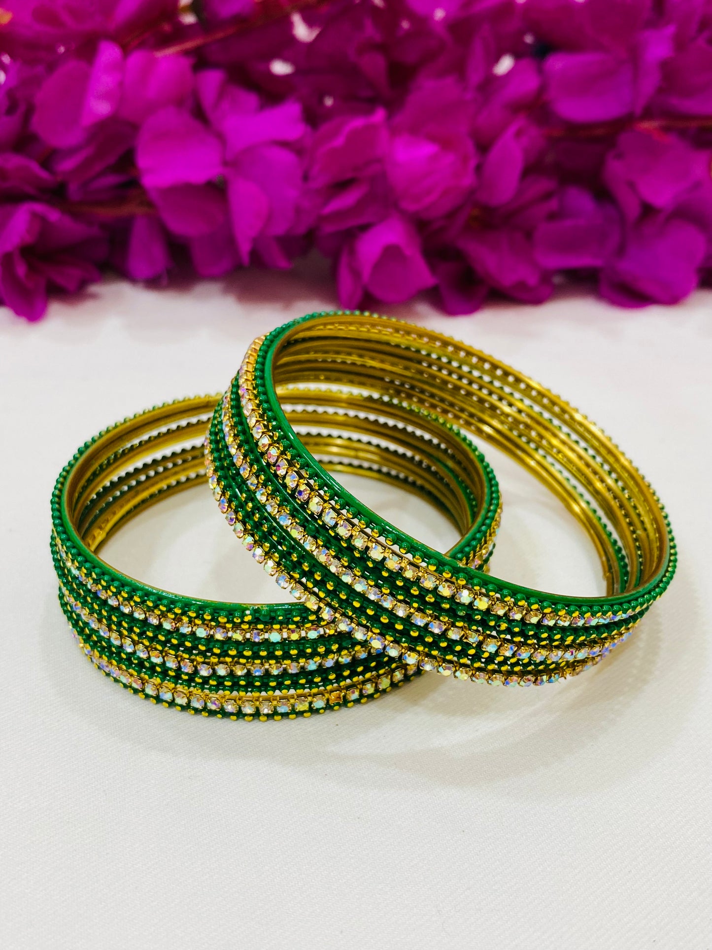 Attractive Green Color Metal Bangles With Glittering Stone In Yuma