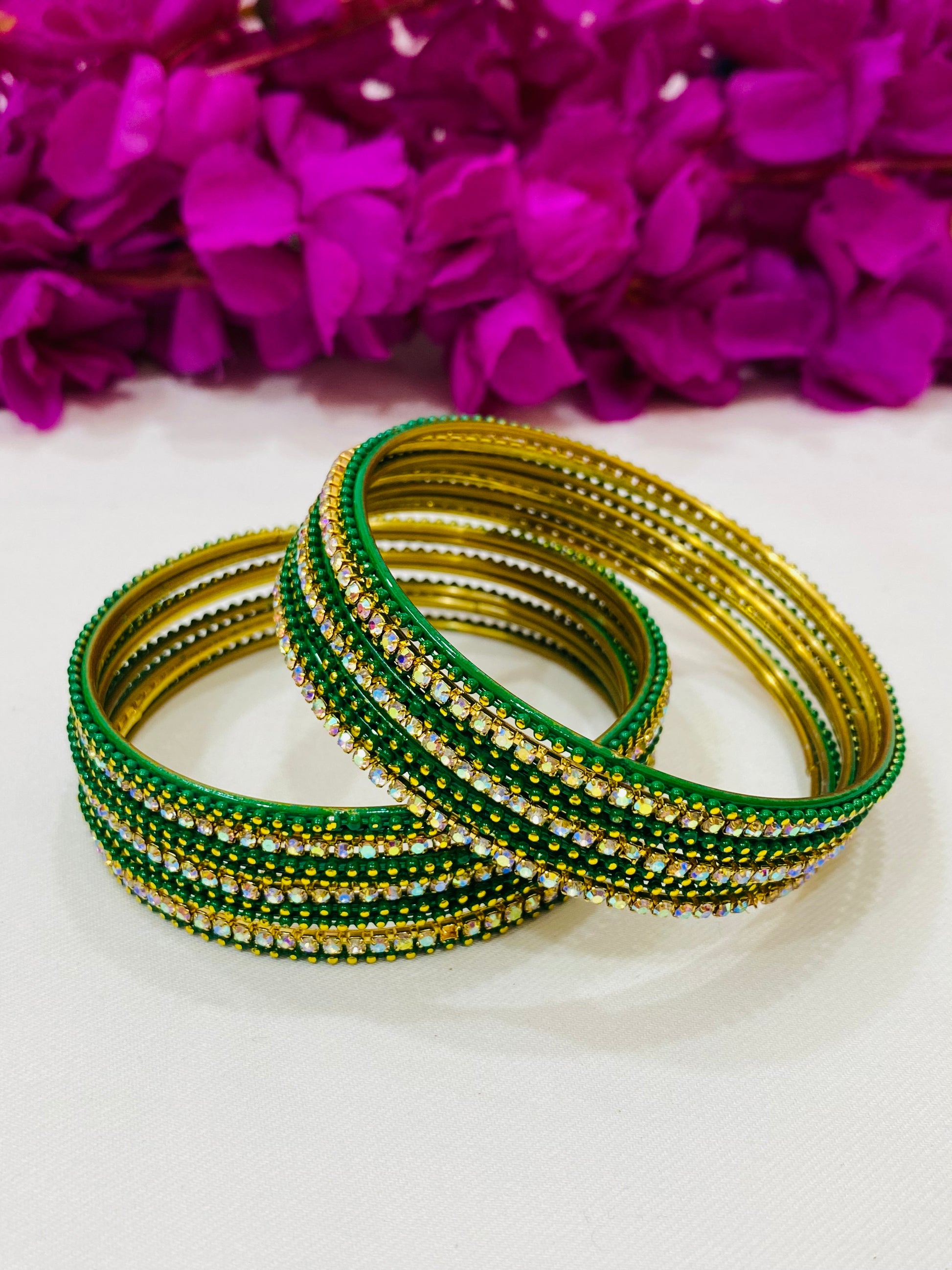 Attractive Green Color Metal Bangles With Glittering Stone In Yuma