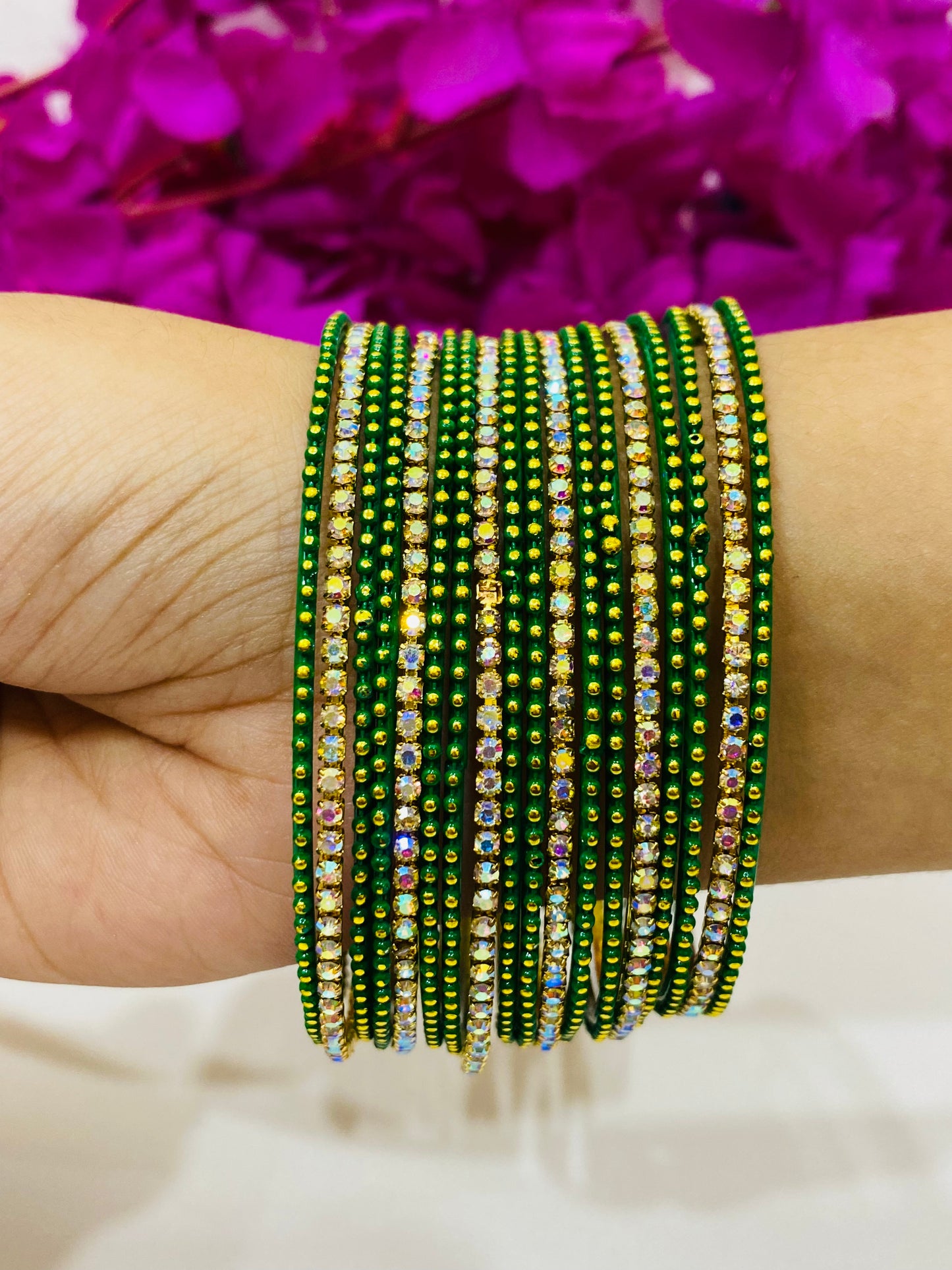 Lovely Green Color Metal Bangles With Glittering Stone In Happy Jack