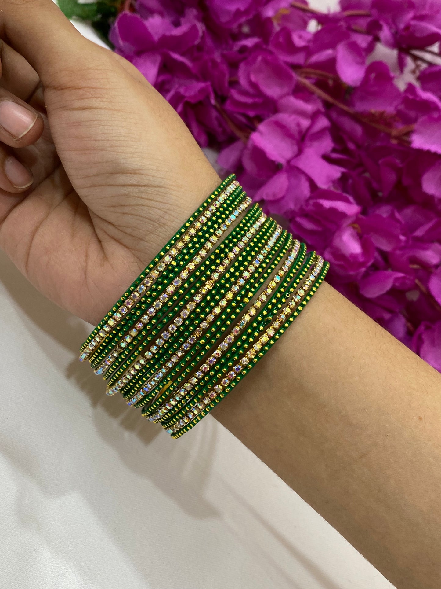 Traditional Green Color Metal Bangles With Glittering Stone In Chandler