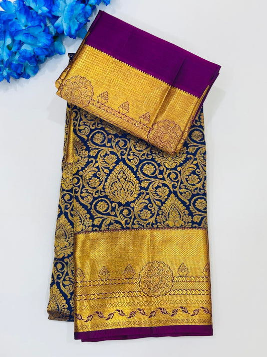 Stunning Dark Blue Colored  Pure Kanchi Silk Saree For Women - SILKMARK CERTIFIED