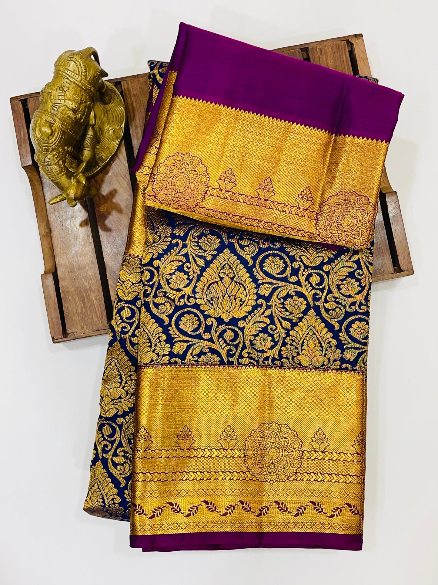 Dark Blue Colored Pure Kanchi Silk Saree For Women In Near Me