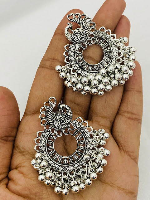 Alluring Oxidized Silver Peacock Design Jhumkas With Bead In USA