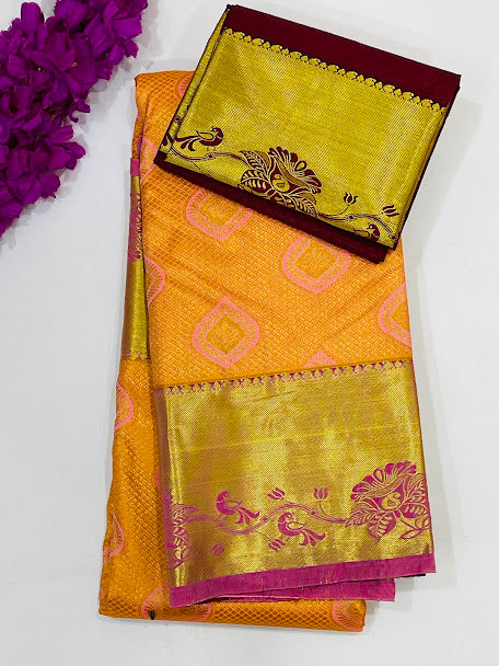 Orange Colored Pure Kanchi Silk Saree For Women Near Me