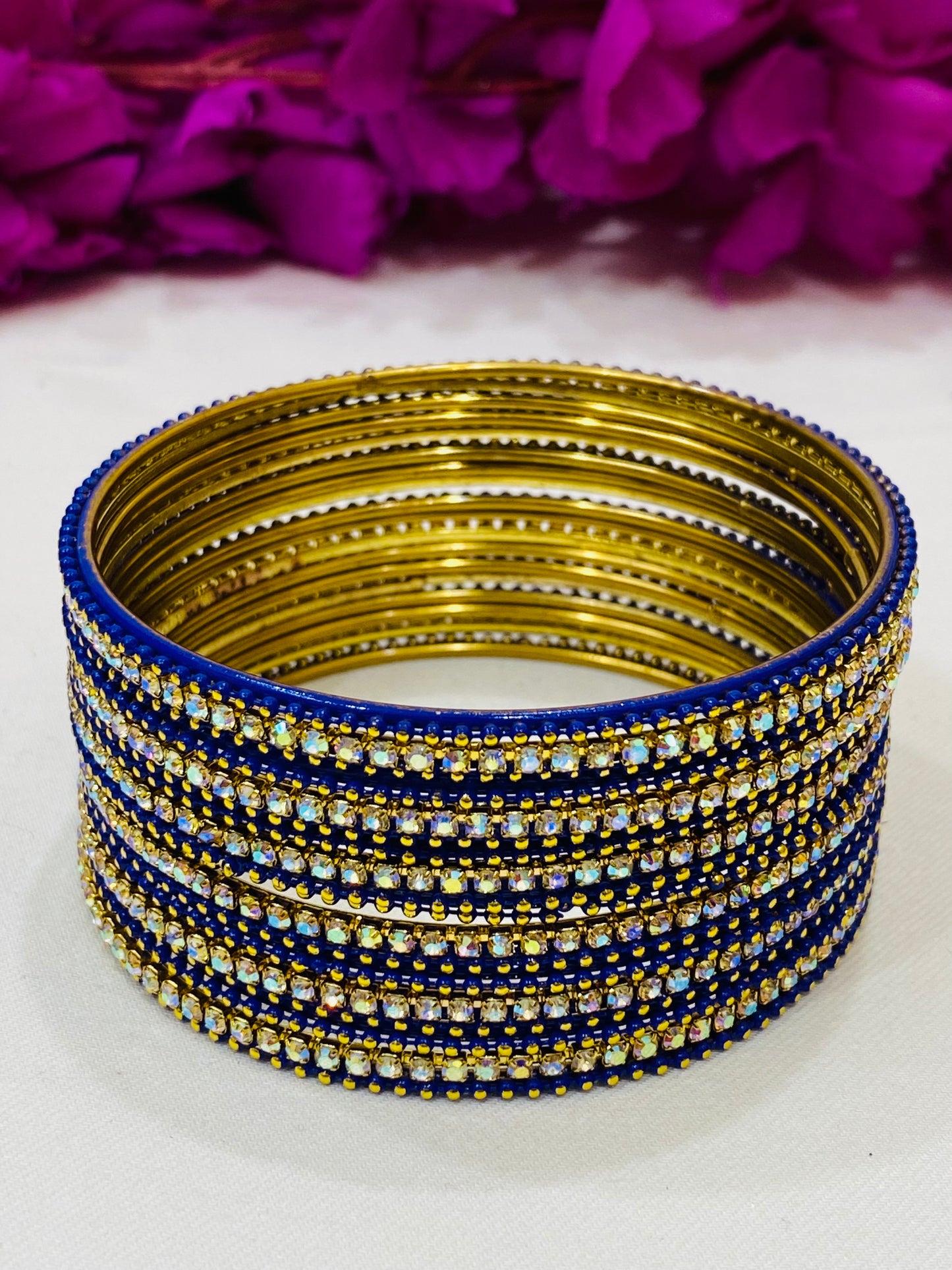 Graceful Blue Colored Metal Bangles With Stones For Women