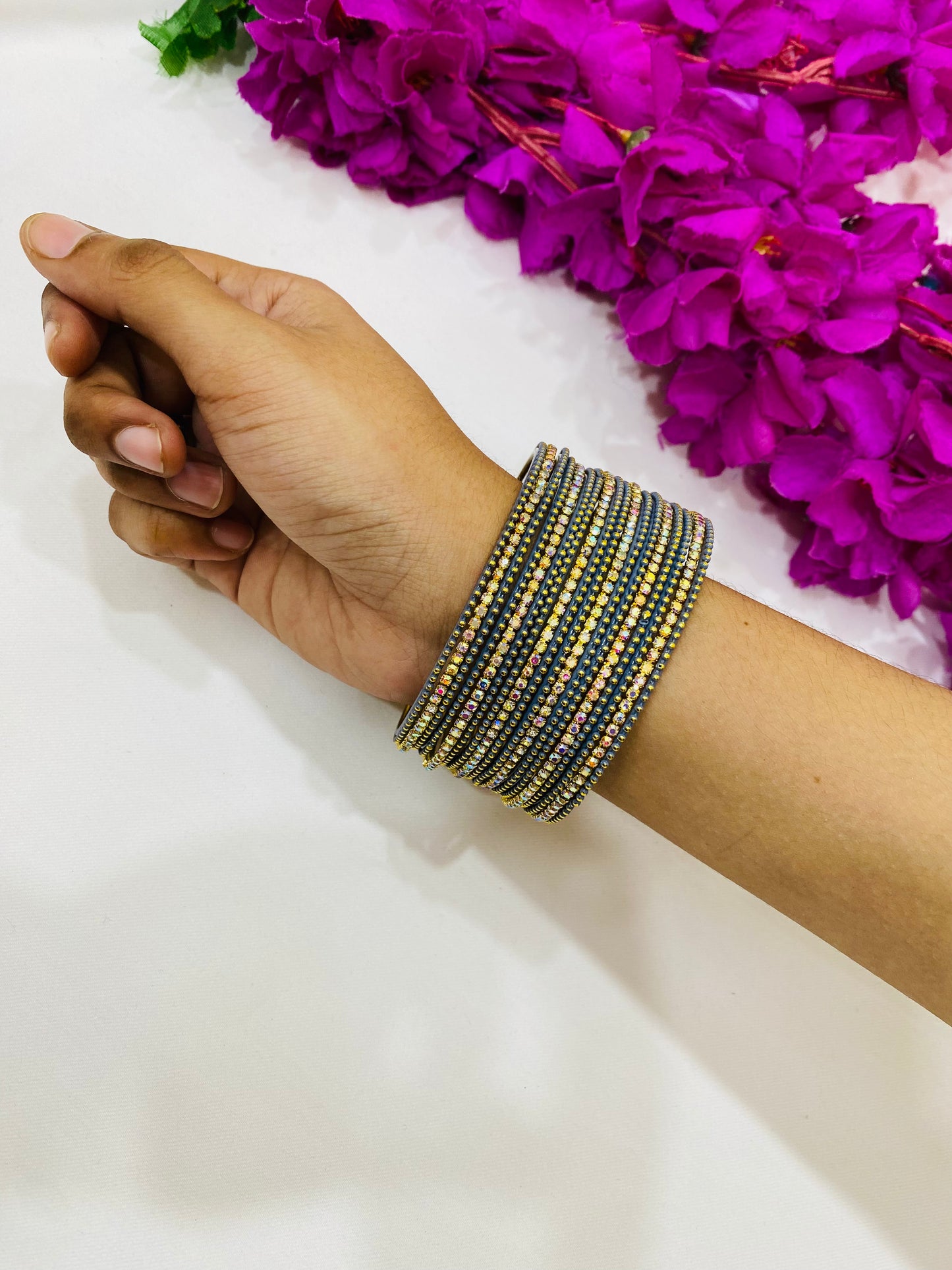 Pretty Grey Color Metal Bangles With Twinkling Stone In Tempe
