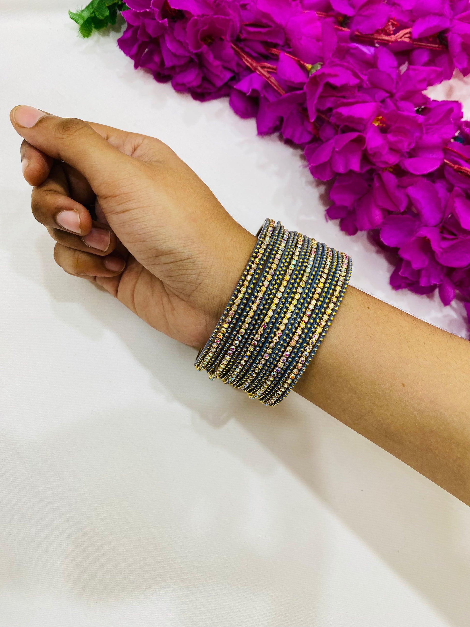 Pretty Grey Color Metal Bangles With Twinkling Stone In Tempe