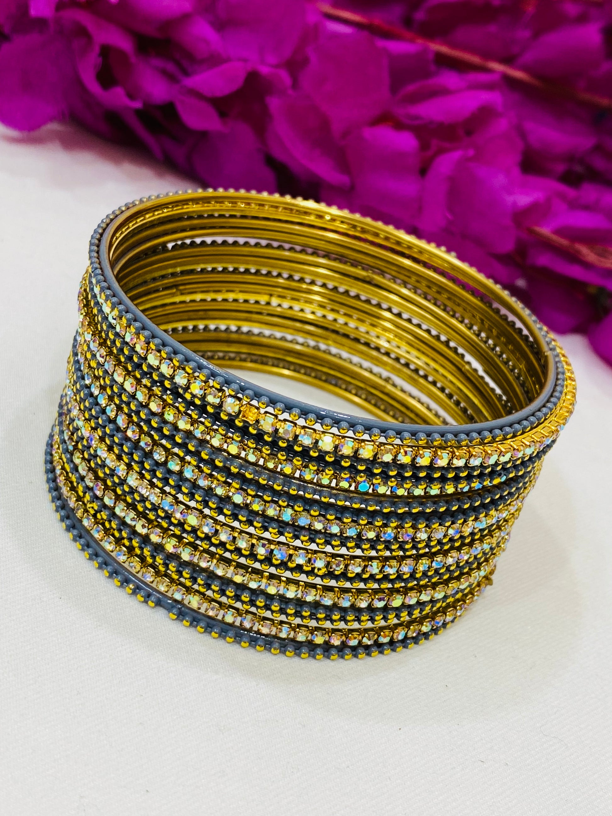 Pretty Grey Color Metal Bangles With Twinkling Stone For Women