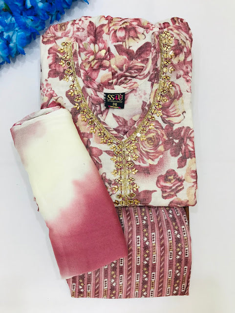 Pretty Purple Color Flower Design With Embroidery Work Kurti Suits For Girls