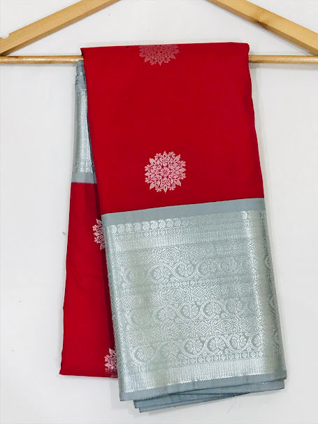 Lovely Red Color Pure Silk Saree With Silver Zari Work In USA