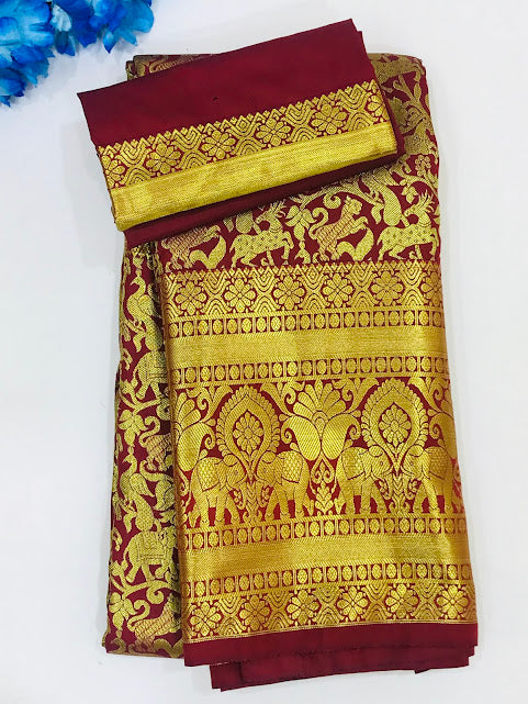 Marvellous Maroon Color Pure Kanchi Silk Saree With Gold And Silver Zari Work For Women