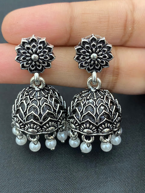 Fabulous Oxidized Silver Flower Motif Jhumkas With Pearl Hangings