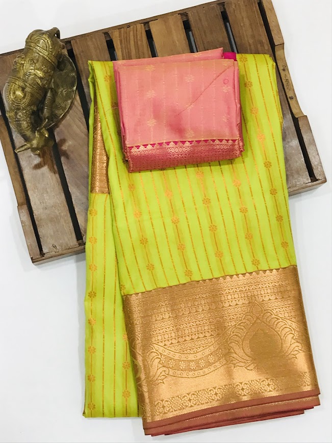 Alluring Lime Green Color Pure Kanchi Silk Saree In Near Me