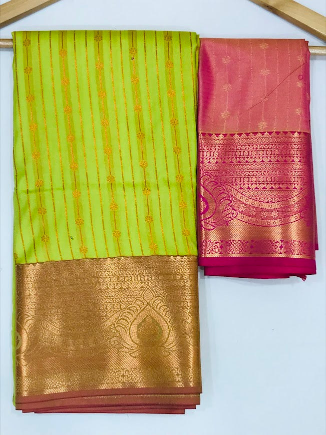 Lime Green Color Pure Kanchi Silk Saree For Women In USA