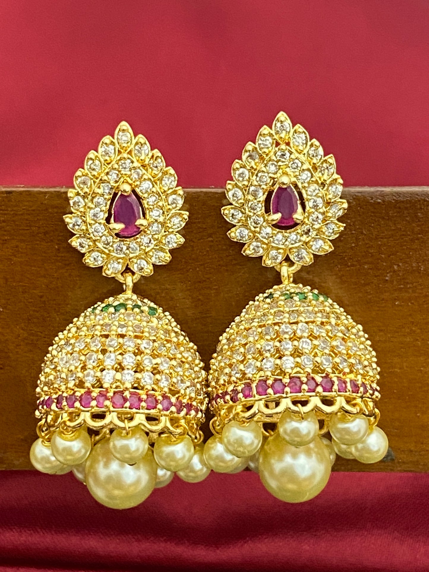 Traditional Wear Gold plated Jhumka Earrings With Pearl Drops In Tucson