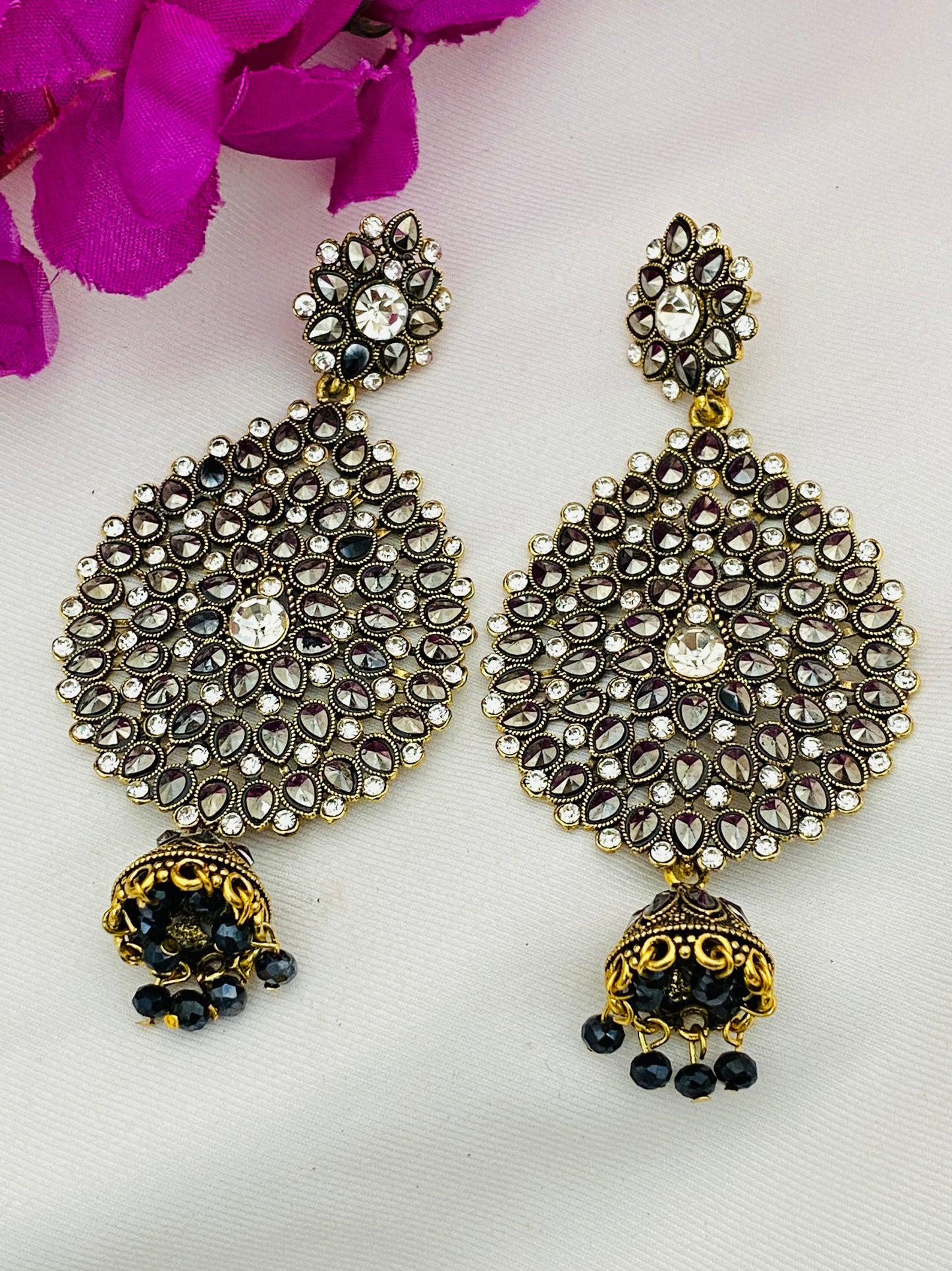 Gorgeous Gold Color Earrings With White Stone and Black Hanging
