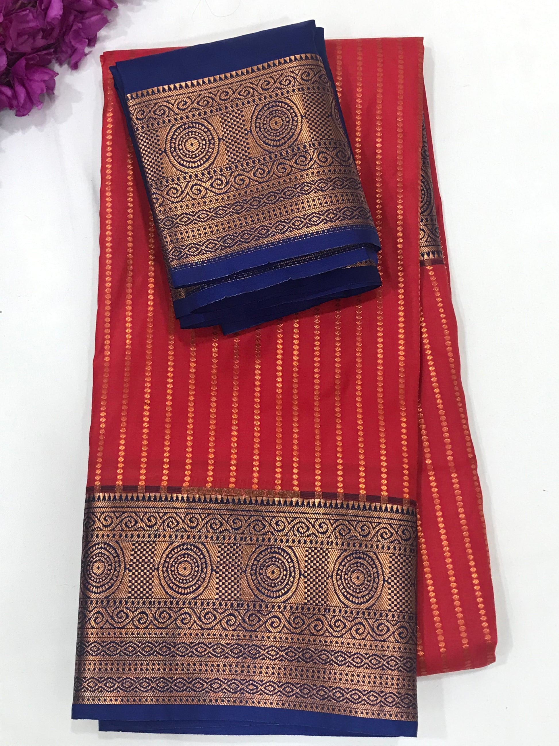 Gorgeous Red Color Pure Kanchi Soft Silk Blue And Gold Border Saree For Women