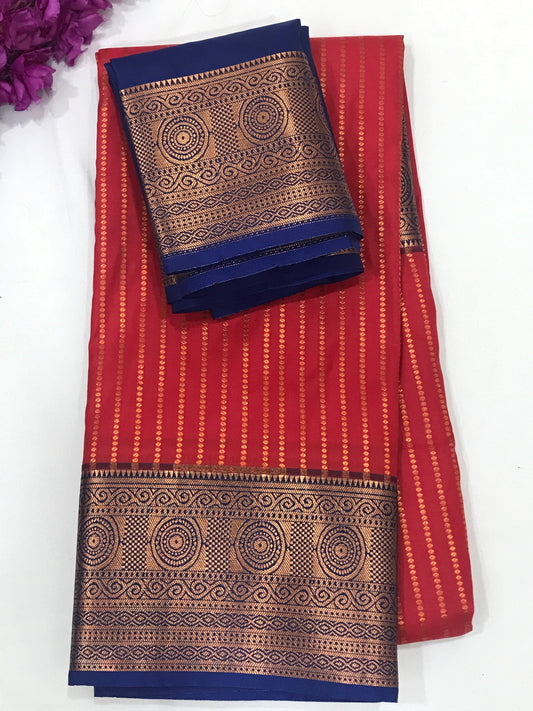 Gorgeous Red Color Pure Kanchi Soft Silk Blue And Gold Border Saree For Women