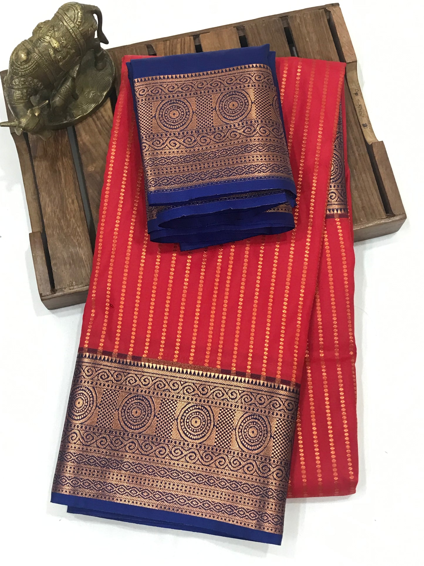 Red Color Pure Kanchi Soft Silk Blue And Gold Border Saree For Women In Near Me