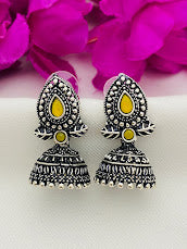 Beautiful Yellow And Silver Oxidized Jhumkas