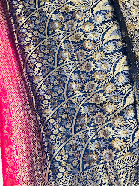 Pink Color Banarasi Soft Silk Peacock Motif Saree With Contrast Blue Border in USA
