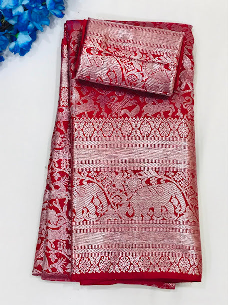 Alluring Red Color Pure Kanchi Silk Silver Zari Work Saree For Women