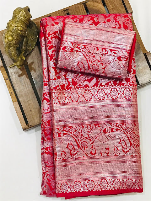 Alluring Red Color Pure Kanchi Silk Silver Zari Work Saree In Near Me